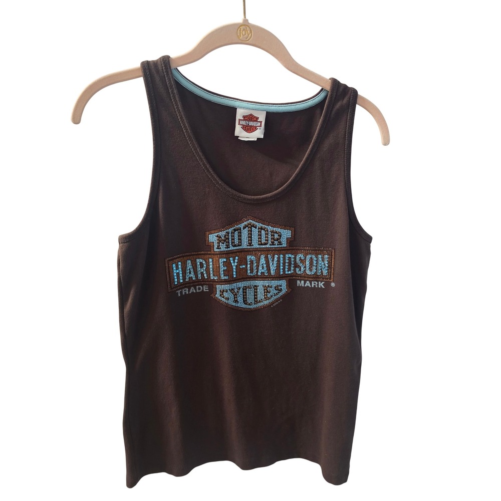 Harley-Davidson Women Brown Route 65 Indianola IA Graphic Tank Top XL Sparkle - Picture 2 of 5